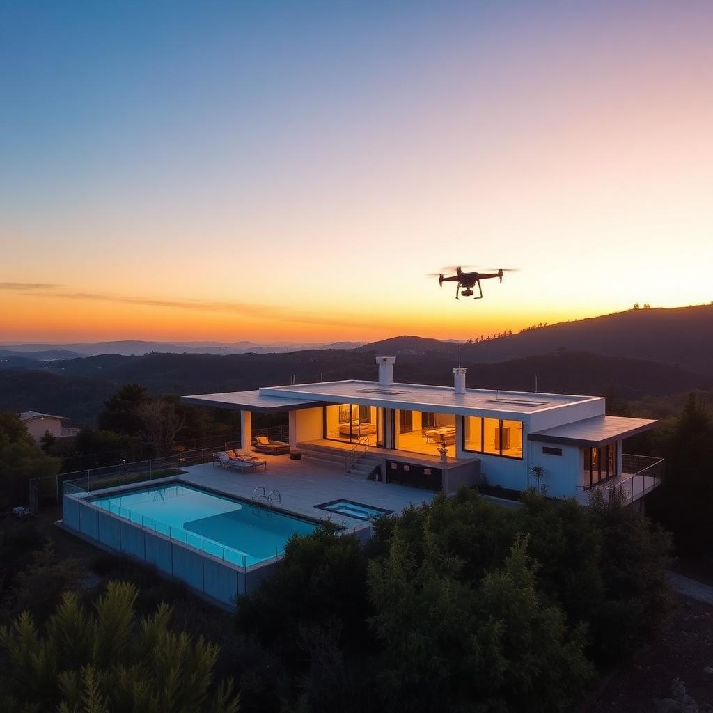 Aerial drone photograph of a luxury hillside home with pool at sunset