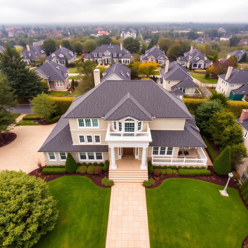 Aerial drone view of an elegant estate with manicured landscaping