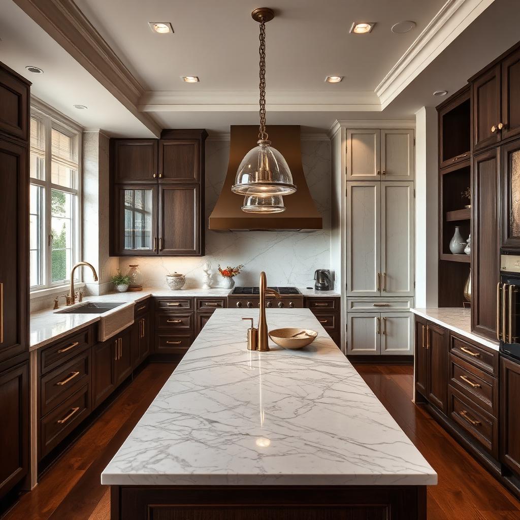 HDR interior photograph of a luxury kitchen with marble island and brass fixtures