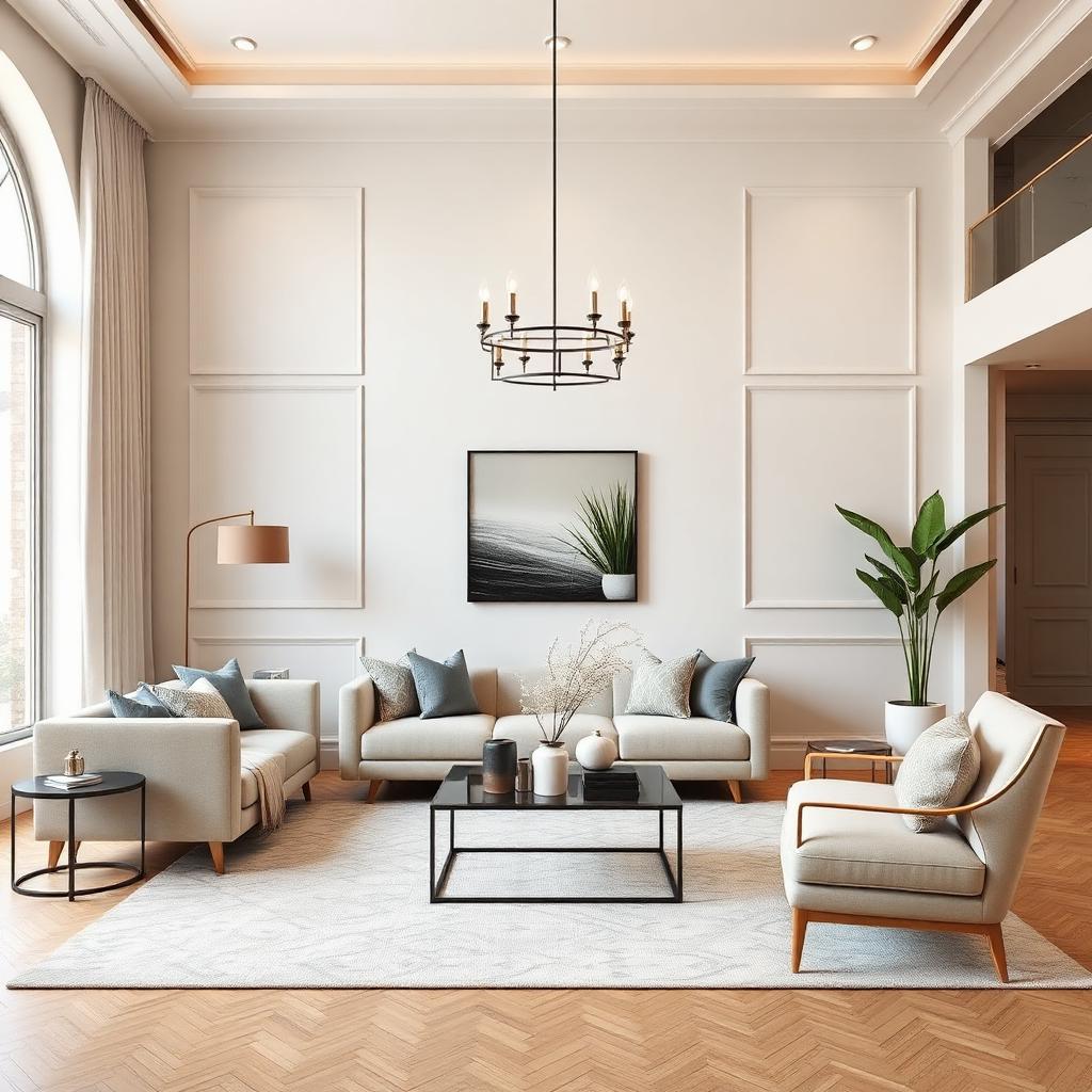 Virtually staged elegant living room with modern neutral furniture