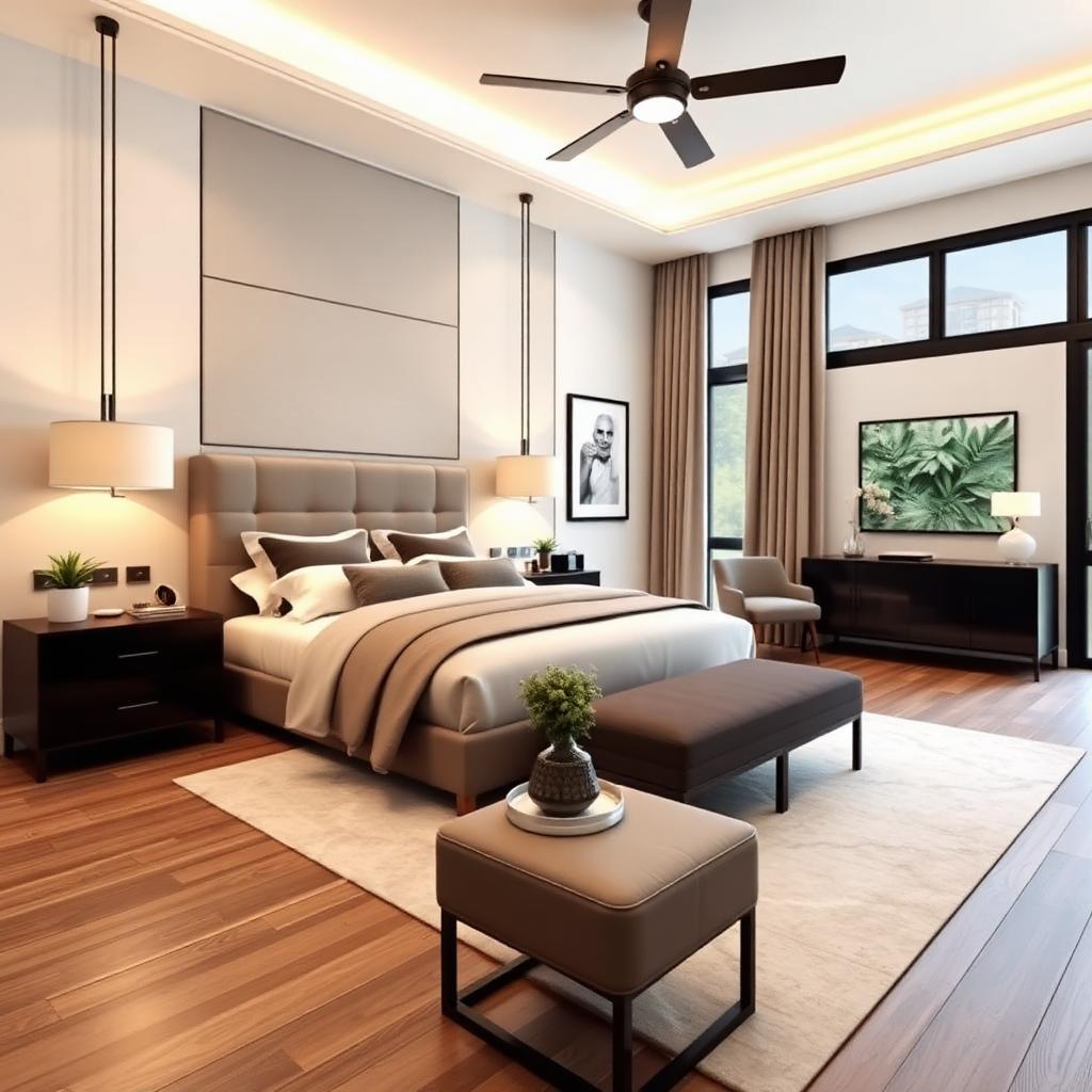 Virtually staged master bedroom with soft linens and modern furniture